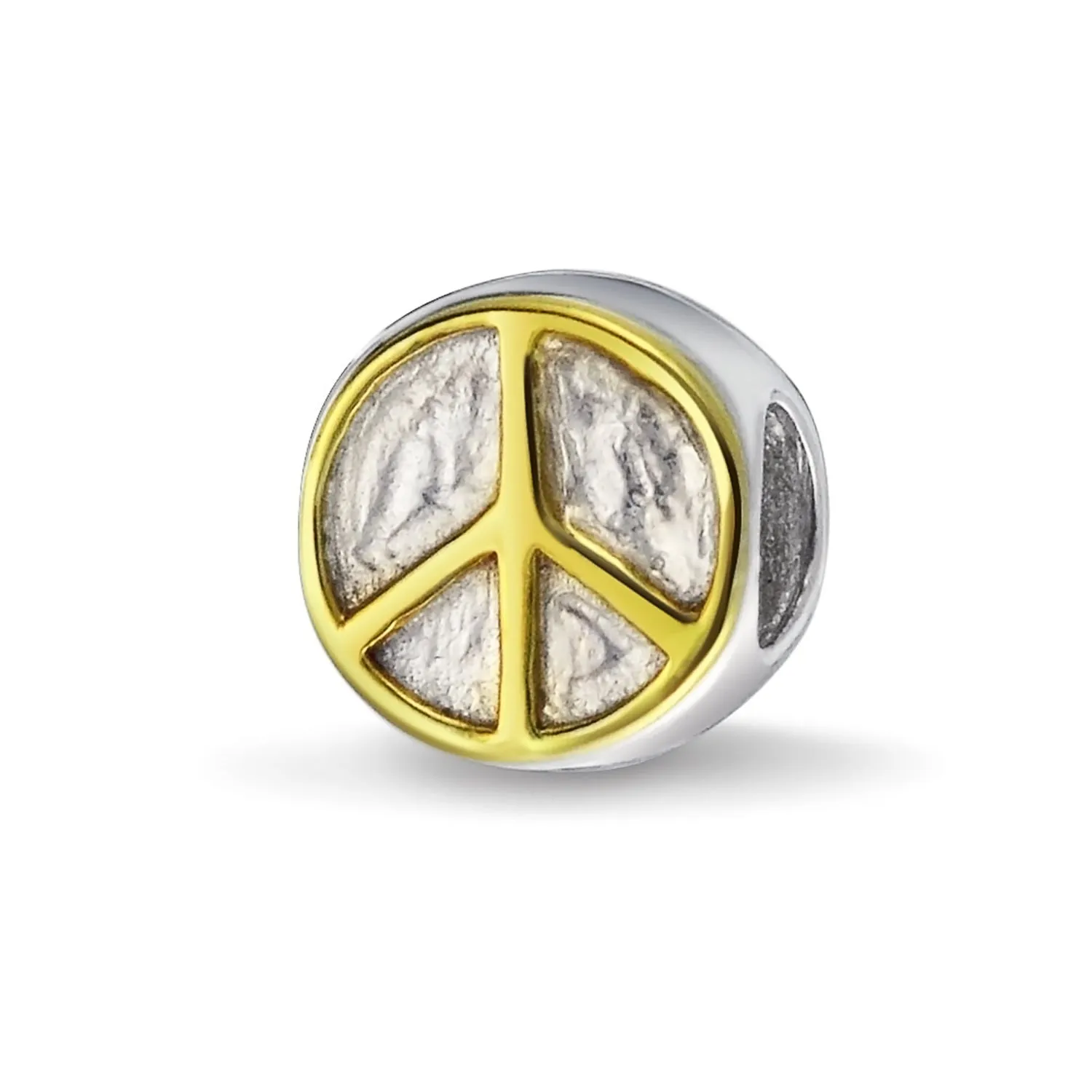 Two Tone World Peace Sign Charm Bead 14K Gold Plated Sterling Silver Bracelet