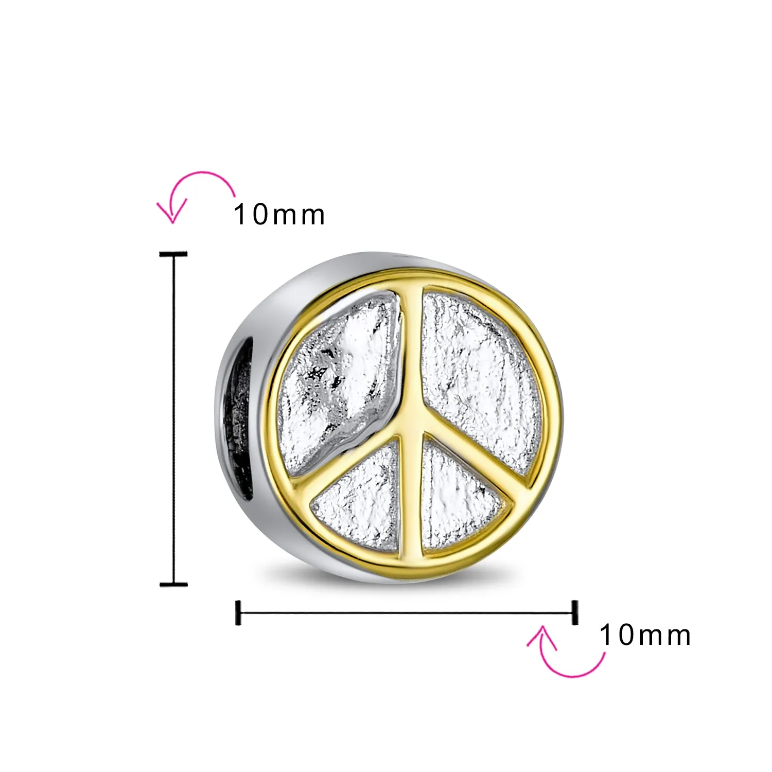 Two Tone World Peace Sign Charm Bead 14K Gold Plated Sterling Silver Bracelet