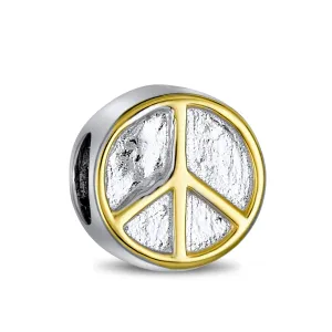 Two Tone World Peace Sign Charm Bead 14K Gold Plated Sterling Silver Bracelet