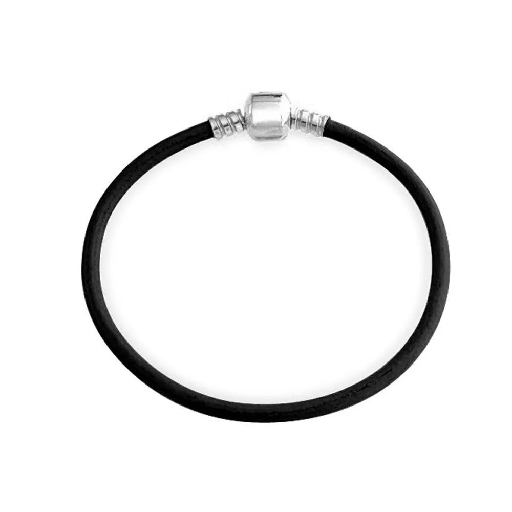 Unisex Black Pink Red Leather Strand Bracelet for Bead Charms Silver Clasp