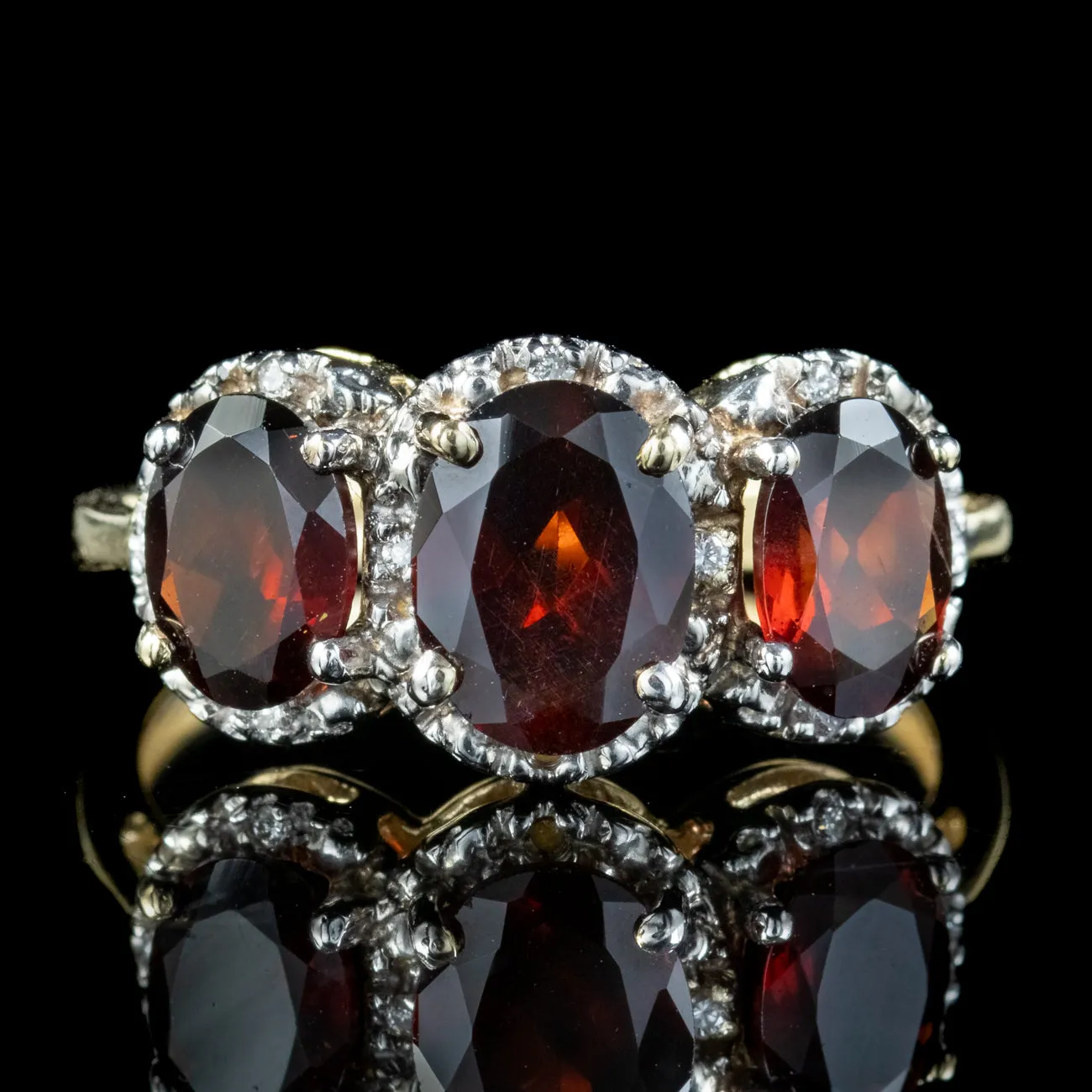 Victorian Style Garnet Diamond Trilogy Ring 2.6ct Garnet