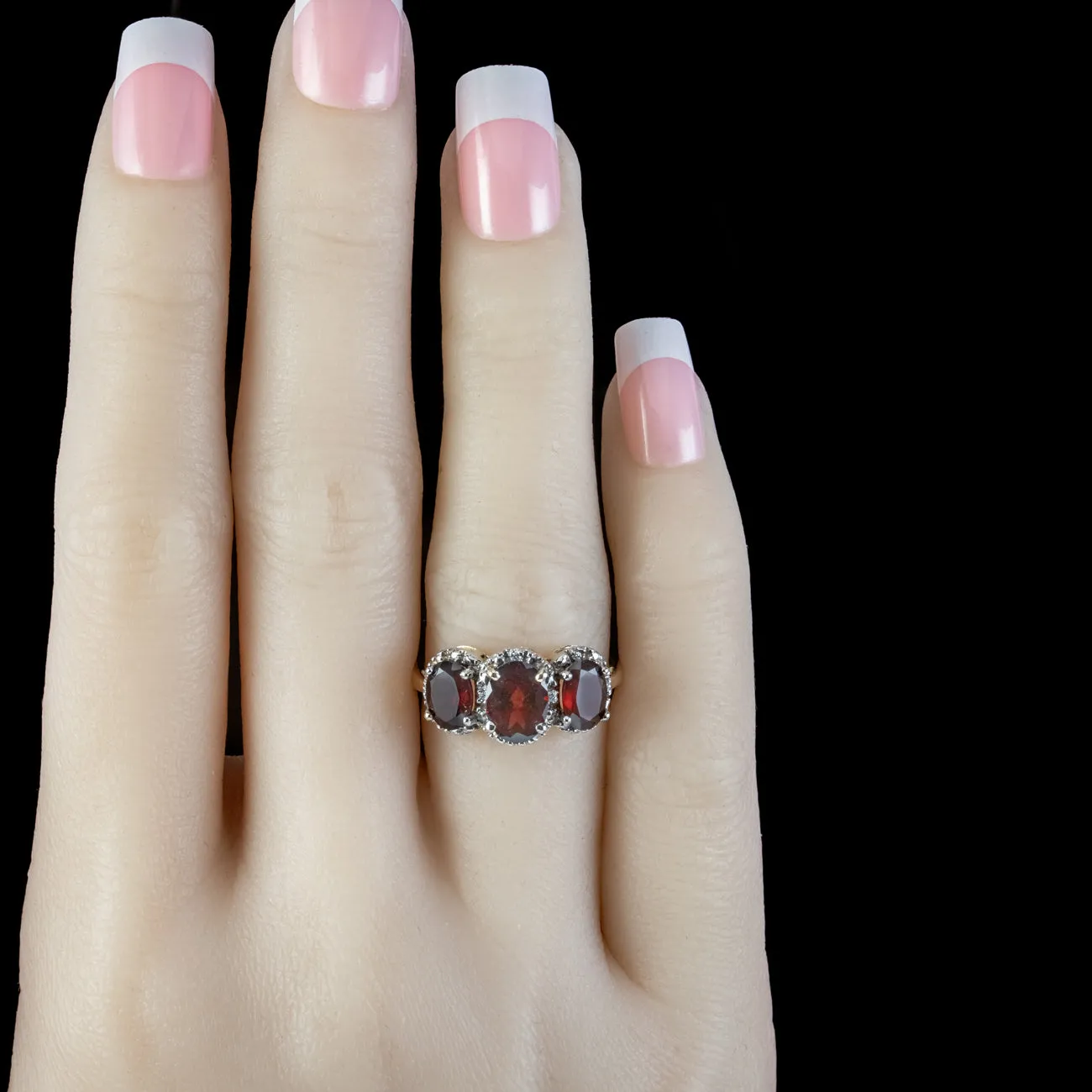 Victorian Style Garnet Diamond Trilogy Ring 2.6ct Garnet