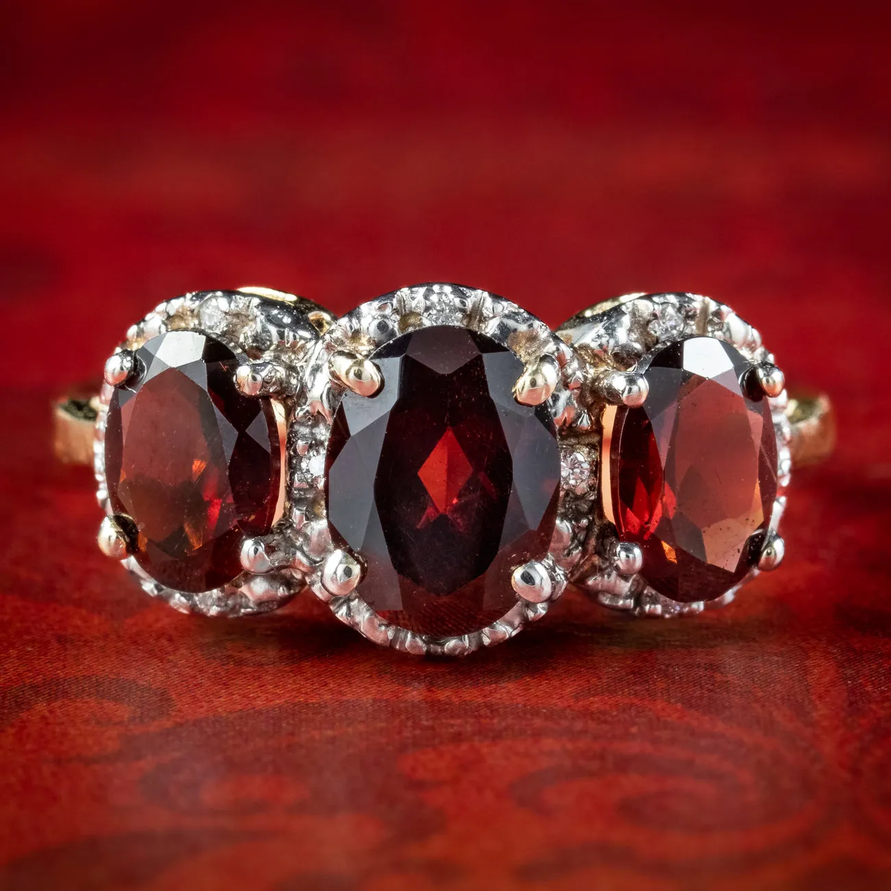 Victorian Style Garnet Diamond Trilogy Ring 2.6ct Garnet