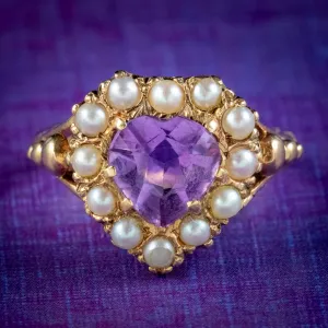 Vintage Amethyst Pearl Heart Ring Dated 1960