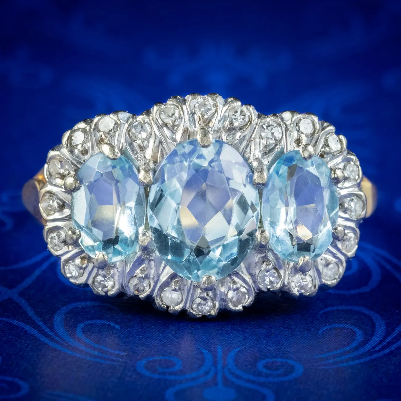 Vintage Aquamarine Diamond Trilogy Ring 3.50ct Of Aqua