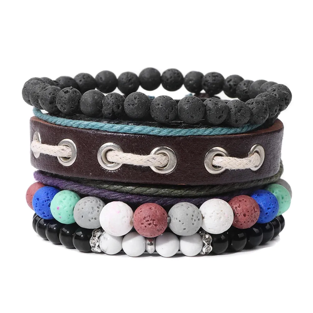 Vintage Multilayer Men Bracelet Natural Stone Lava Beads Bracelet Fashion Black Arrow Charm Bracelet Bangles Jewelry Male Women