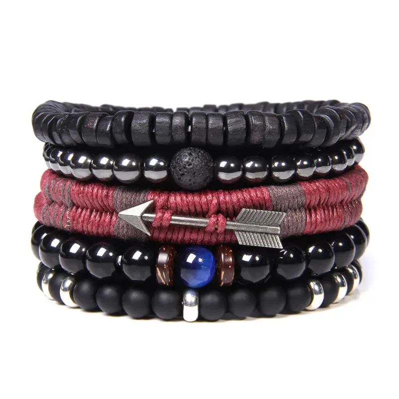 Vintage Multilayer Men Bracelet Natural Stone Lava Beads Bracelet Fashion Black Arrow Charm Bracelet Bangles Jewelry Male Women