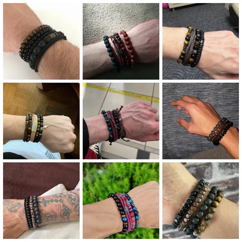 Vintage Multilayer Men Bracelet Natural Stone Lava Beads Bracelet Fashion Black Arrow Charm Bracelet Bangles Jewelry Male Women