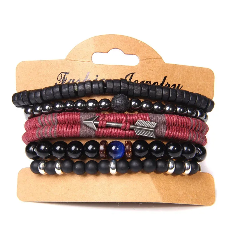 Vintage Multilayer Men Bracelet Natural Stone Lava Beads Bracelet Fashion Black Arrow Charm Bracelet Bangles Jewelry Male Women