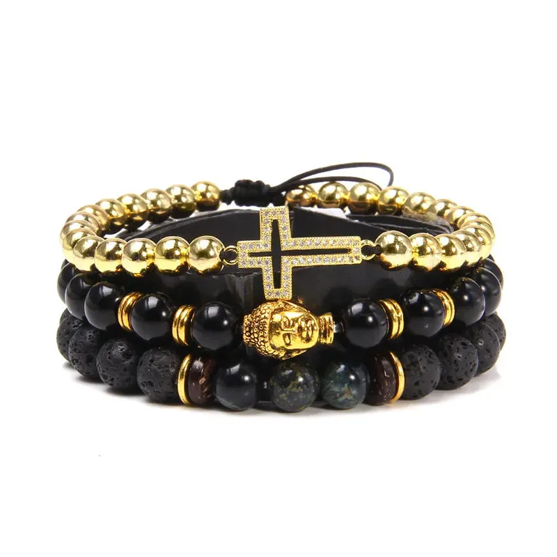 Vintage Multilayer Men Bracelet Natural Stone Lava Beads Bracelet Fashion Black Arrow Charm Bracelet Bangles Jewelry Male Women