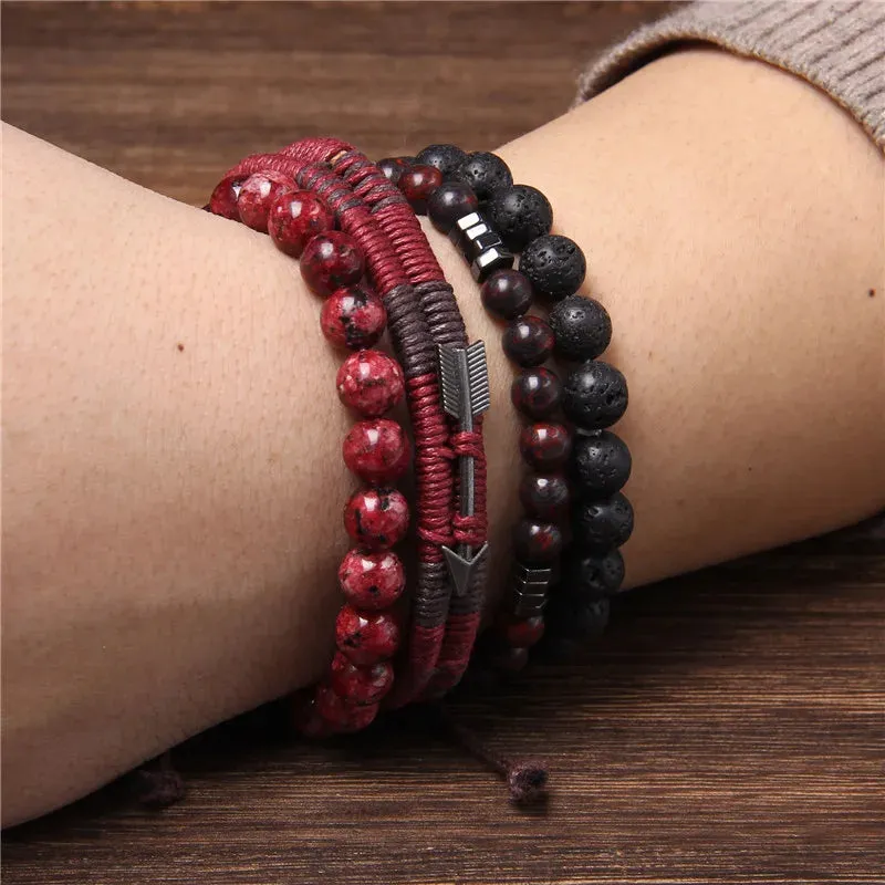 Vintage Multilayer Men Bracelet Natural Stone Lava Beads Bracelet Fashion Black Arrow Charm Bracelet Bangles Jewelry Male Women