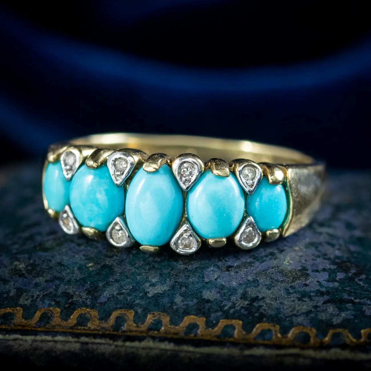 Vintage Turquoise Diamond Five Stone Ring 1.2ct Turquoise