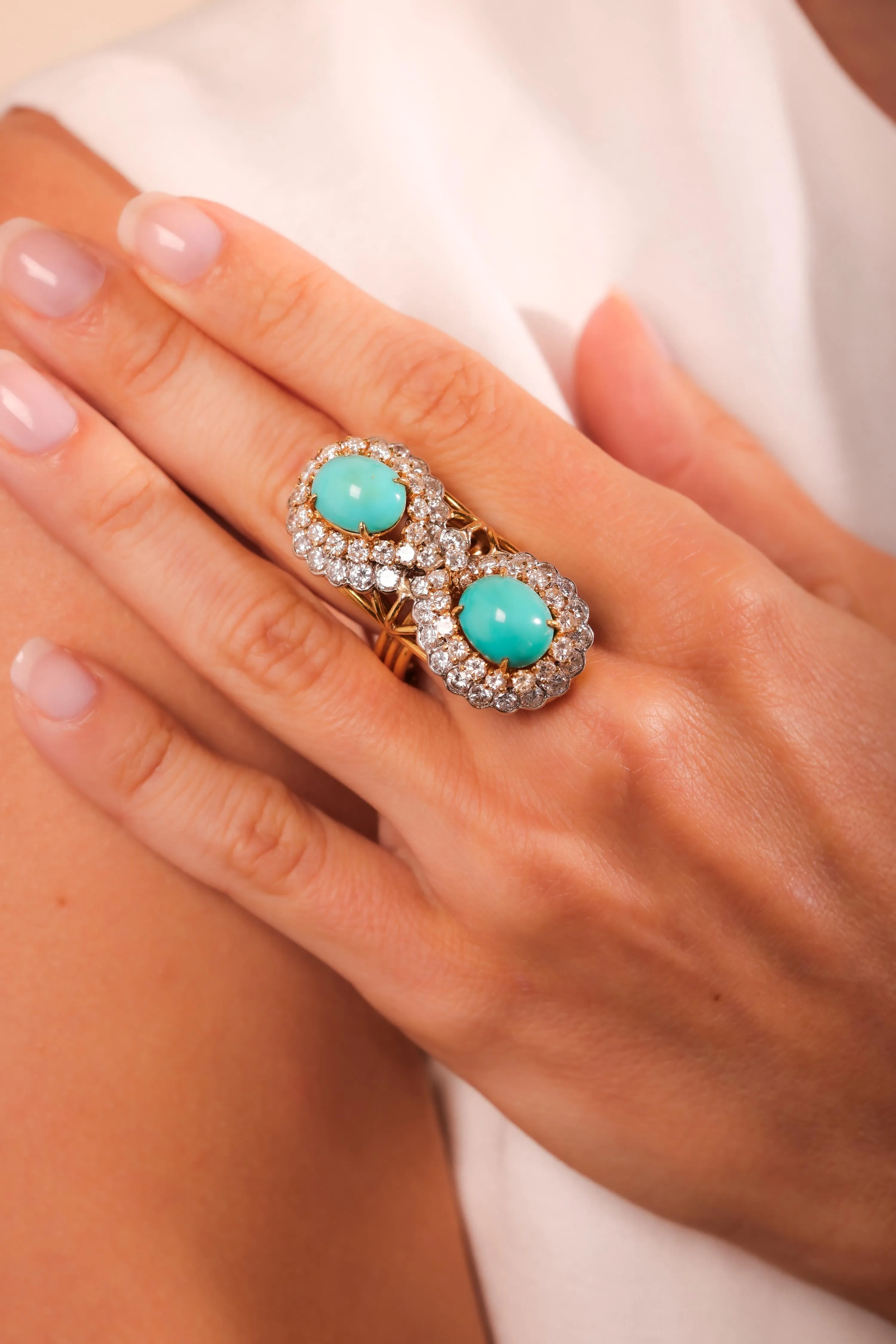 Vintage Turquoise Diamond Yellow and White Gold Toi Et Moi Ring