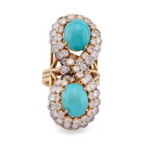 Vintage Turquoise Diamond Yellow and White Gold Toi Et Moi Ring