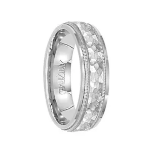 WAVE CREST 14k White Gold Wedding Band Flat Hammered Finish with Milgrain Pattern Edges by Artcarved - 5mm & 6mm