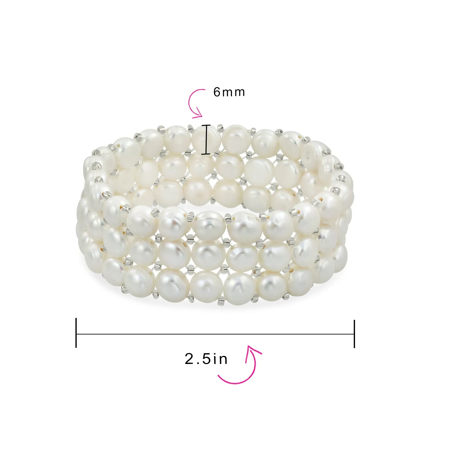 Wide White Freshwater Pearl Triple Strand Stretch Bracelet with Flat Buttons