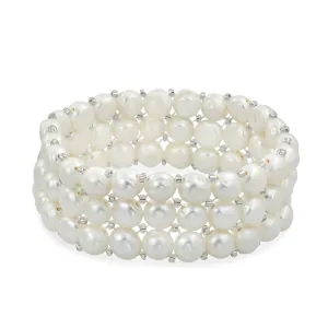 Wide White Freshwater Pearl Triple Strand Stretch Bracelet with Flat Buttons