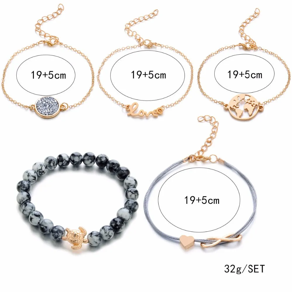 Women Fashion Jewelry Bohemian Turtle Charm Gold Color Bracelets Bangles Sets