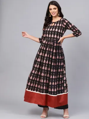 Women'S Black Printed Cotton Floor Lenth Anarkali Plus Size