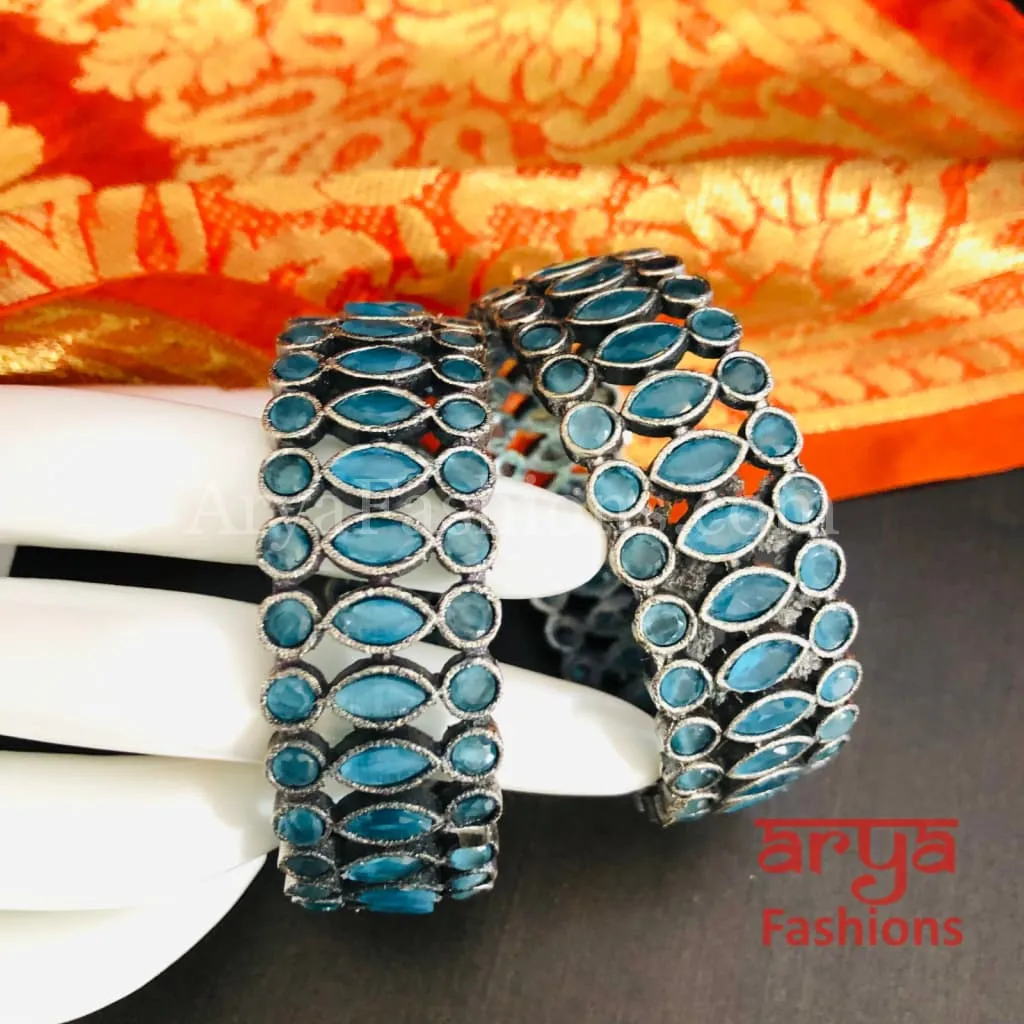 Yashvi Silver Oxidized Bracelet Bangles with colored Stones