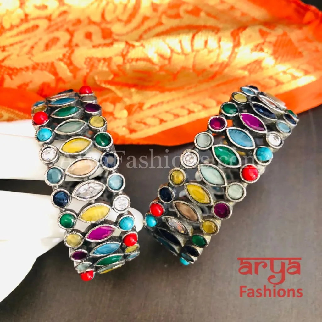 Yashvi Silver Oxidized Bracelet Bangles with colored Stones