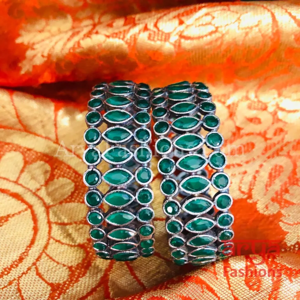 Yashvi Silver Oxidized Bracelet Bangles with colored Stones