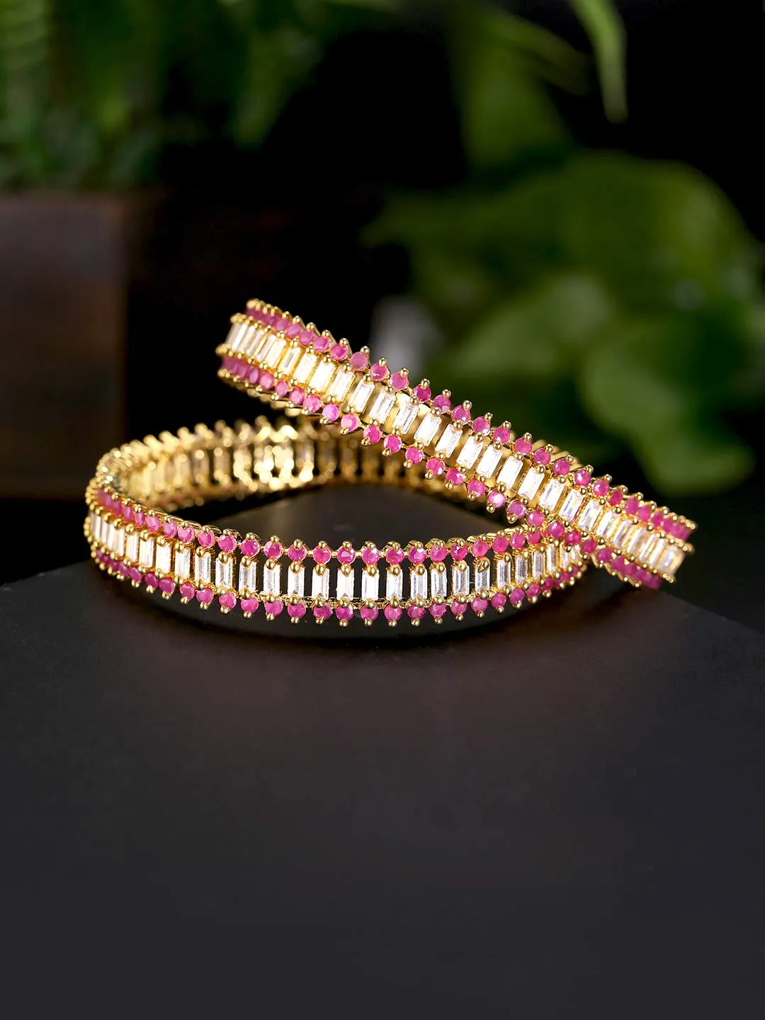 Yellow Chimes Classic Set of 2 Pcs Pink AD/American Diamond Studded 18k Gold Plated Handcrafted Designer Bangles for Women & Girls (2.8)