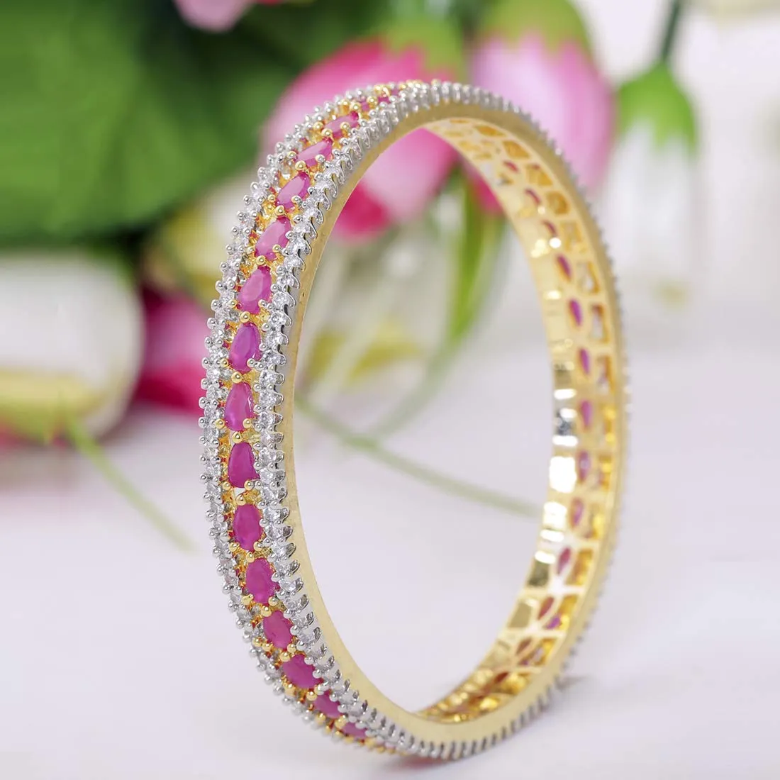 Yellow Chimes Elegant Pink AD/American Diamond Studded 18k Gold Plated Designer Handcrafted 1 PCs Bangle Bracelet for Women & Girls (2.8)