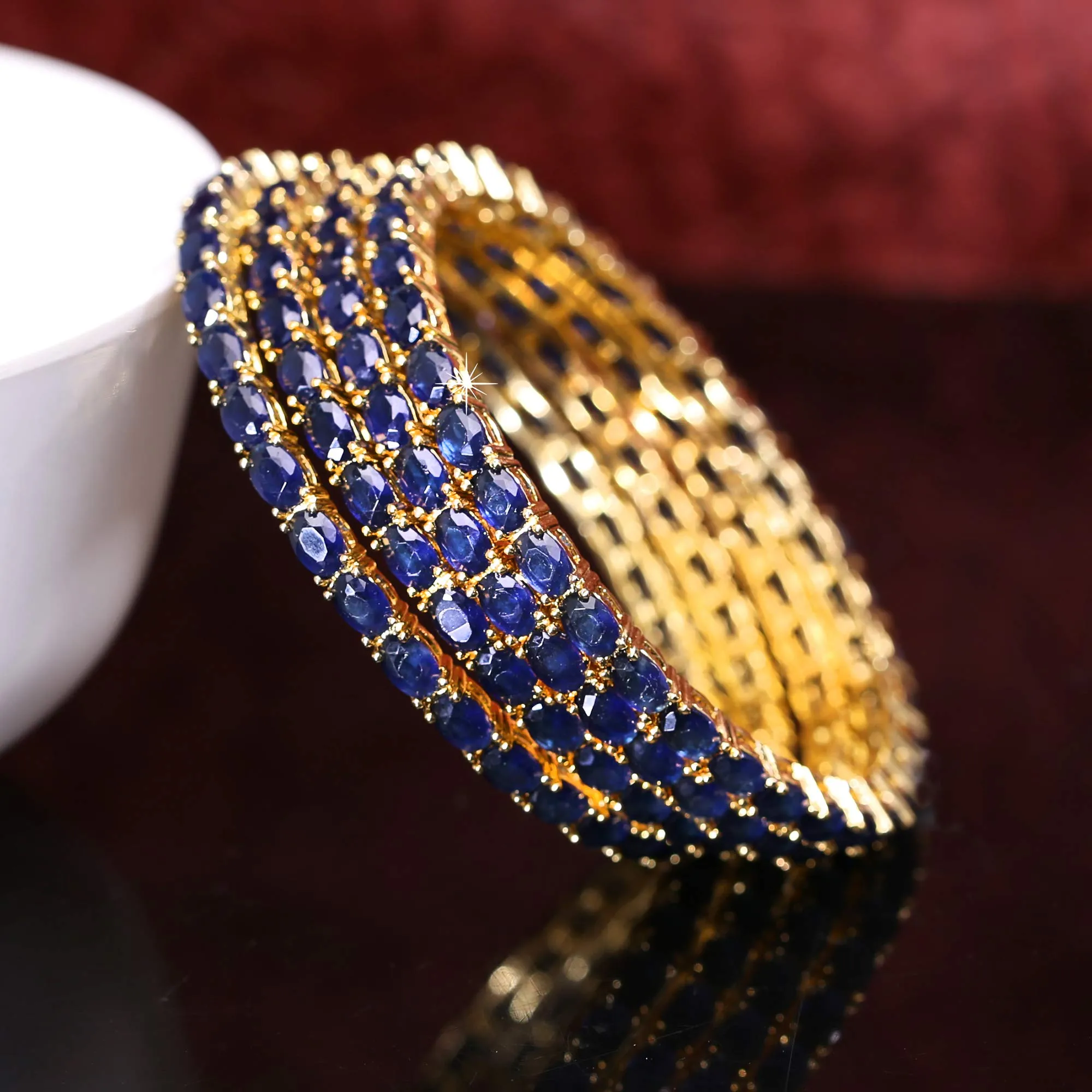 Yellow Chimes Elegant Sapphire Blue AD/American Diamond Studded 18k Gold Plated 4 PCs HandCrafted Bangles Set for Women & Girls (2.6)