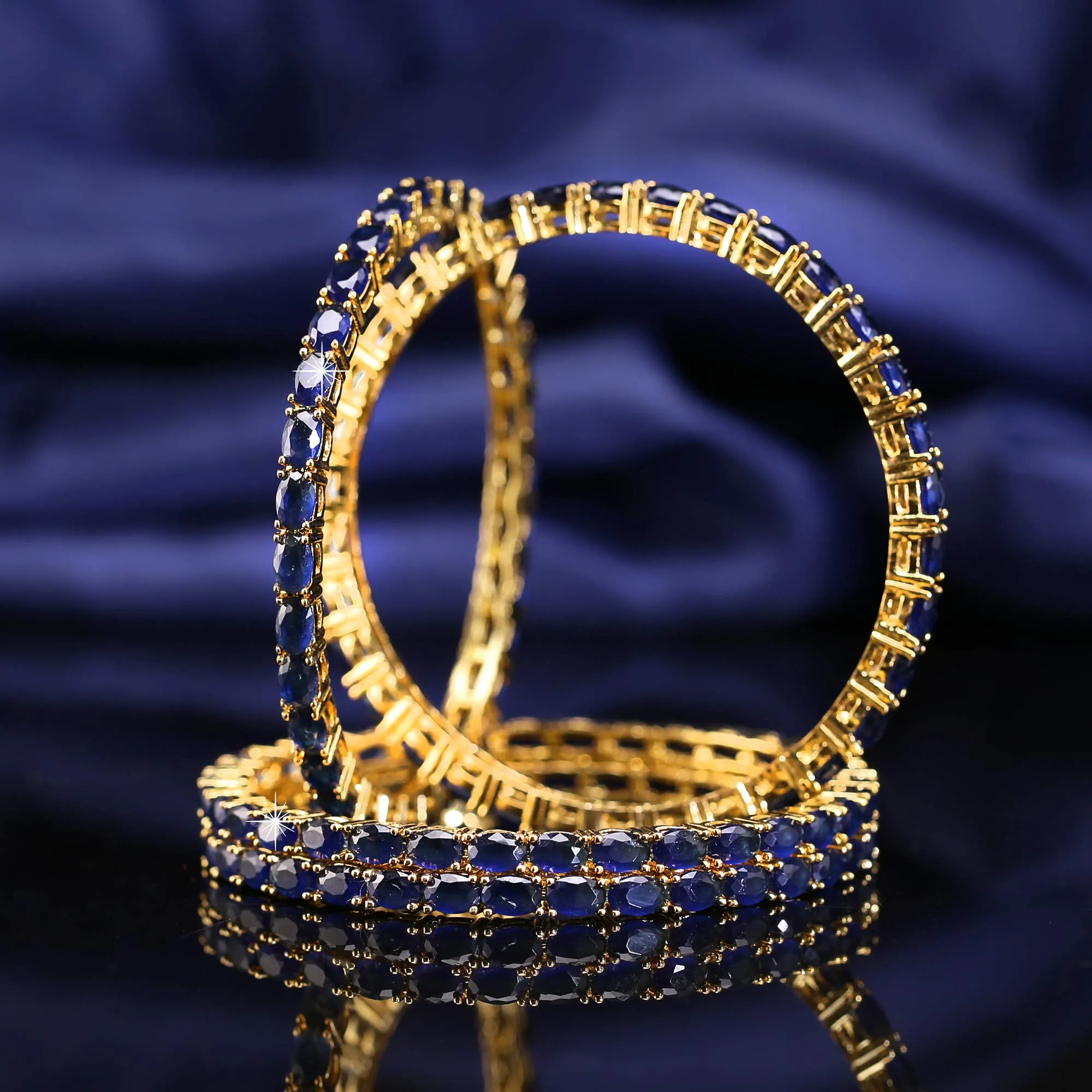 Yellow Chimes Elegant Sapphire Blue AD/American Diamond Studded 18k Gold Plated 4 PCs HandCrafted Bangles Set for Women & Girls (2.6)