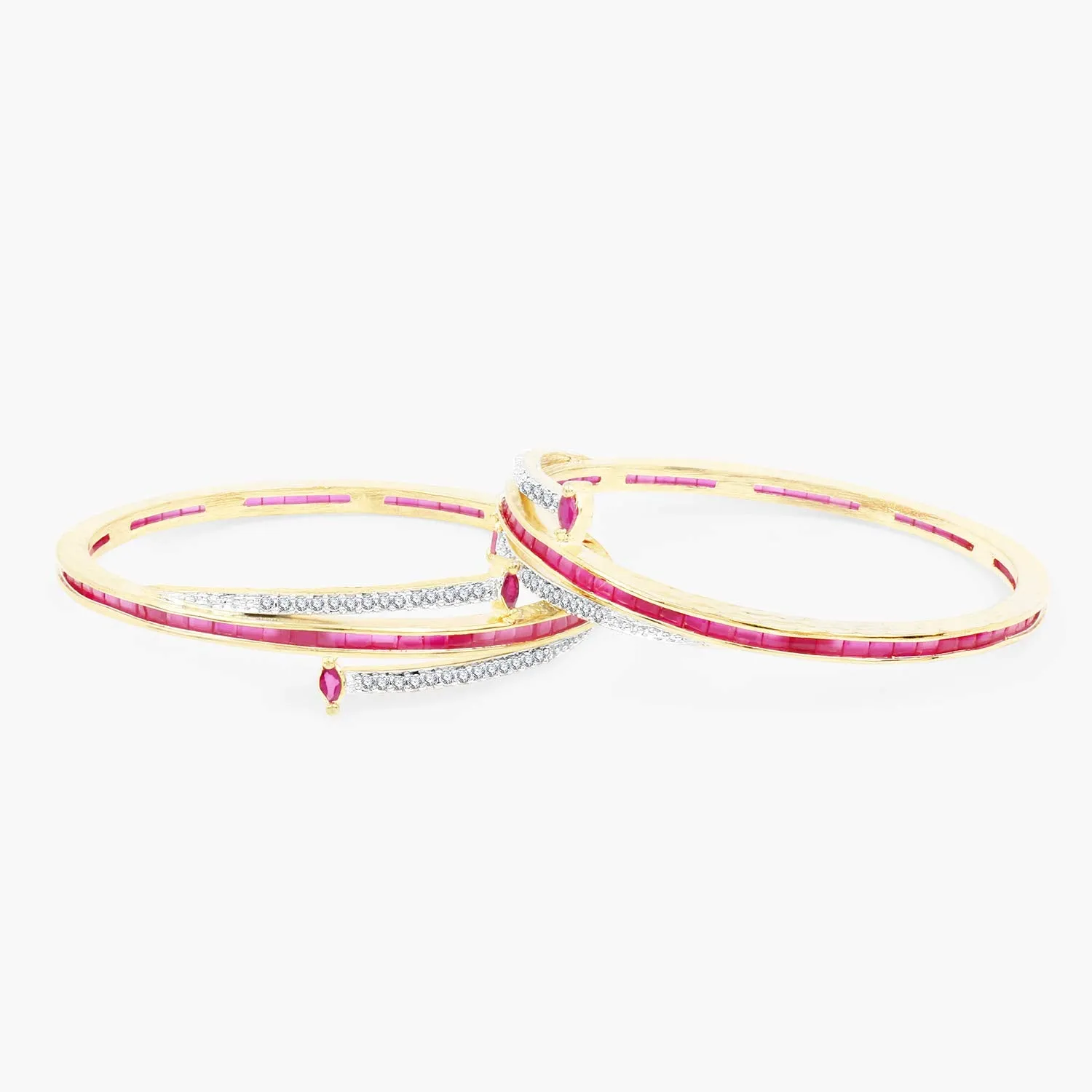 Yellow Chimes Elegant Set of 2 Pcs Pink AD/American Diamond Studded 18k Gold Plated Handcrafted Ruby Bangles for Women & Girls (2.6)