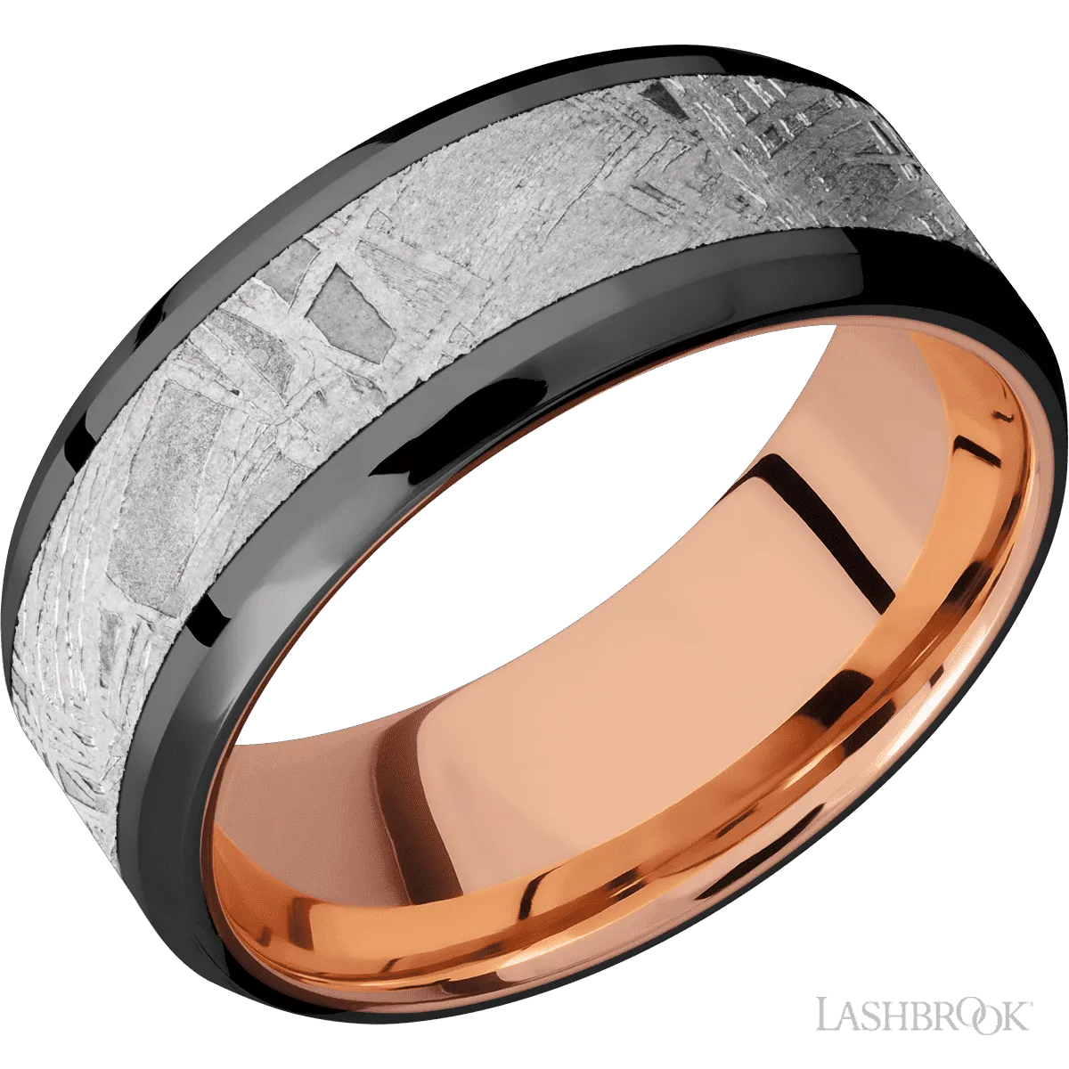 Zirconium with Polish , Polish Finish and Meteorite Inlay and 14K Rose Gold - 8MM