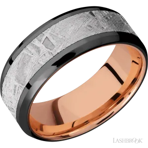 Zirconium with Polish , Polish Finish and Meteorite Inlay and 14K Rose Gold - 8MM